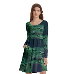 Jungle Road Hawaii Asphalt Mountains Green Long Sleeve Knee Length Skater Dress With Pockets by Bedest