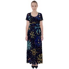 Gold Teal Snowflakes Gold Abstract Christmas High Waist Short Sleeve Maxi Dress by Bedest