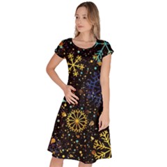 Gold Teal Snowflakes Gold Abstract Christmas Classic Short Sleeve Dress by Bedest