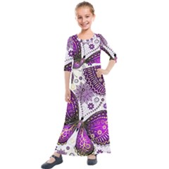 Purple Butterflies, Abstract, Floral, Flowers Kids  Quarter Sleeve Maxi Dress by kyorashop23