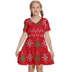 Red Christmas Pattern Xmas Decorations, Christmas Knitted Texture Kids  Short Sleeve Tiered Mini Dress by kyorashop23