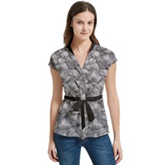Silver Blossom Elegance Print Women s Cap Sleeve Mandarin Collar Waist Tie Blouse by dflcprintsclothing