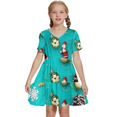 Christmas Decorations Blue Xmas Background Kids  Short Sleeve Tiered Mini Dress by kyorashop23