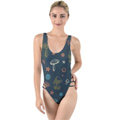 Whimsical Mushrooms Pattern High Leg Strappy Swimsuit by Drawde