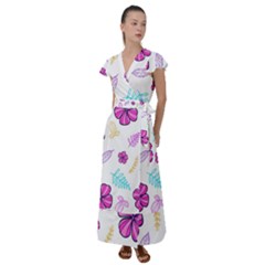 Flowers Leaves Pattern Art Bloom Flutter Sleeve Maxi Dress