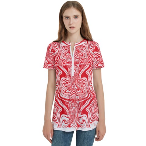 A Red And White Image Of A Pattern On A White Background Women s Zip Front V-neck Short Sleeve Casual Top Pocket Shirt by catchydesignhill