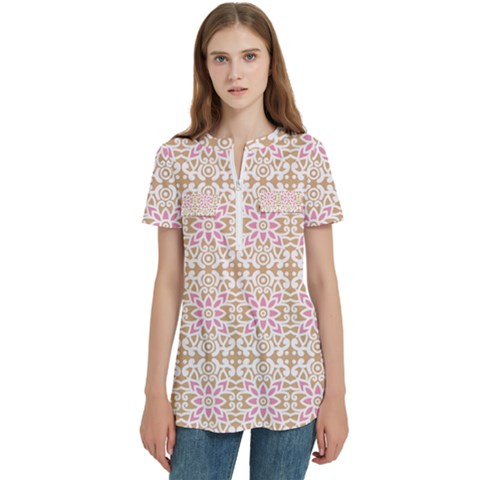 A Pink And White Flower Pattern On A Brown Background Women s Zip Front V-neck Short Sleeve Casual Top Pocket Shirt by catchydesignhill