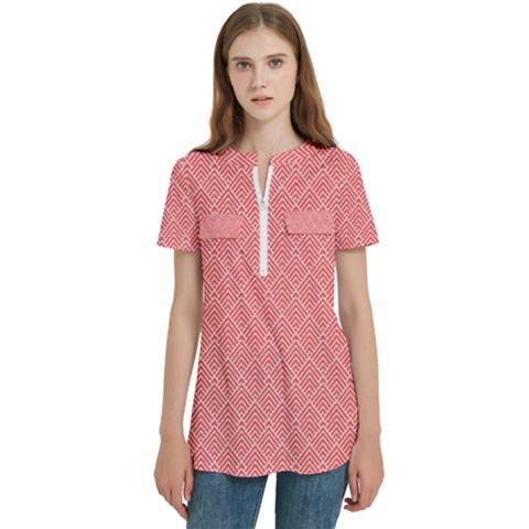 A Red And White Background With A Pattern Women s Zip Front V-neck Short Sleeve Casual Top Pocket Shirt by catchydesignhill