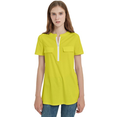 A Yellow Background With A Black Border Women s Zip Front V-neck Short Sleeve Casual Top Pocket Shirt by catchydesignhill