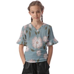 Flora Floral Flower Flowers Pattern Kids  V-neck Horn Sleeve Blouse by Apenda