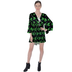 Green Neon Dinos V-neck Flare Sleeve Mini Dress by ConteMonfrey