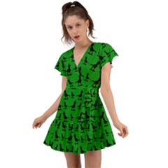 Dinos On A Green Background Flutter Sleeve Wrap Dress by ConteMonfrey