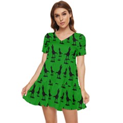 Dinos On A Green Background Tiered Short Sleeve Babydoll Dress by ConteMonfrey