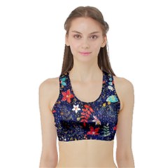 Festive Floral Pattern Christmas Blue Floral Flower Foliage Leaves Pattern Red Snow Winter Sports Bra With Border by Maspions
