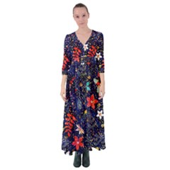 Festive Floral Pattern Christmas Blue Floral Flower Foliage Leaves Pattern Red Snow Winter Button Up Maxi Dress by Maspions