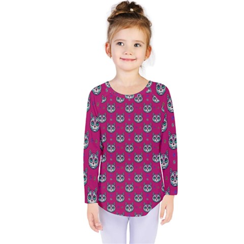 Calavera Cat Art Pattern Kids  Long Sleeve T-shirt by ExtraAwesomeSauce