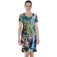 Serene Mountain Waterfall Landscape Short Sleeve Nightdress by ExtraAwesomeSauce