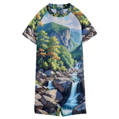 Serene Mountain Waterfall Landscape Kids  Boyleg Half Suit Swimwear by ExtraAwesomeSauce