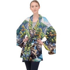 Serene Mountain Waterfall Landscape Long Sleeve Velvet Kimono  by ExtraAwesomeSauce