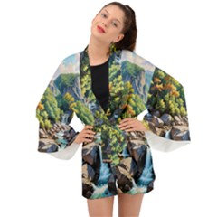 Serene Mountain Waterfall Landscape Long Sleeve Kimono by ExtraAwesomeSauce