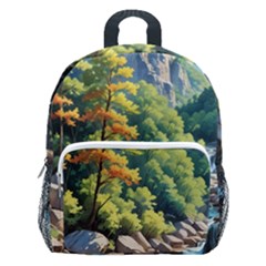 Serene Mountain Waterfall Landscape Kids  Age 5-10 Lightweight School Backpack With Side Pockets by ExtraAwesomeSauce