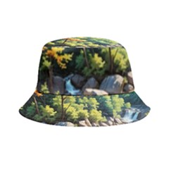 Serene Mountain Waterfall Landscape Bucket Hat by ExtraAwesomeSauce