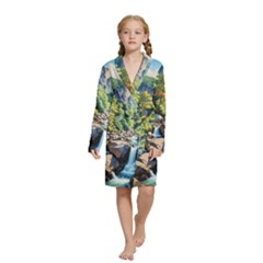 Serene Mountain Waterfall Landscape Kids  Long Sleeve Velvet Lounge Robe by ExtraAwesomeSauce