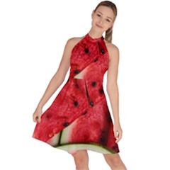 Watermelon, Fruit, Green, Red Sleeveless Halter Neck A-line Dress by kyorashop23