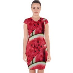 Watermelon, Fruit, Green, Red Capsleeve Drawstring Dress  by kyorashop23