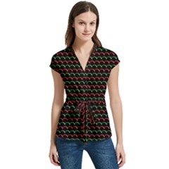 Geometric Abstract Pattern Line Women s Cap Sleeve Mandarin Collar Waist Tie Blouse by Salmanaz77