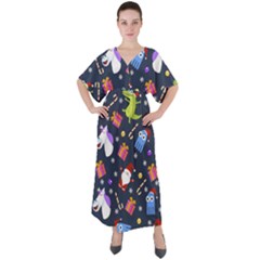 Colorful Funny Christmas Pattern V-neck Boho Style Maxi Dress by Ket1n9