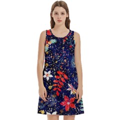 Festive Floral Pattern Christmas Blue Floral Flower Foliage Leaves Pattern Red Snow Winter Round Neck Sleeve Casual Dress With Pockets by Maspions