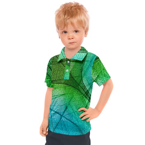 3d Leaves Texture Sheet Blue Green Kids  Polo T-shirt by Cemarart