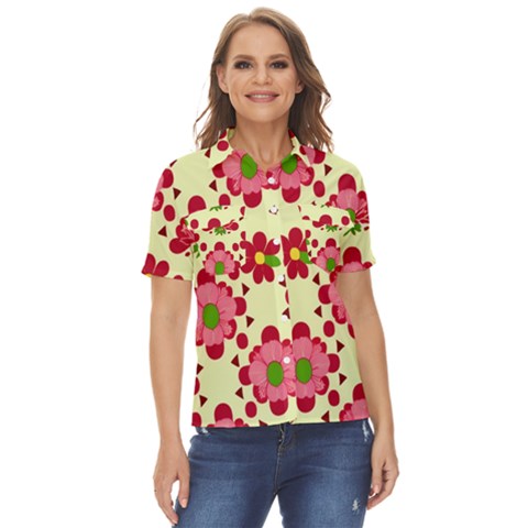 Retro 1960s Flowers Pattern 4 Women s Short Sleeve Double Pocket Shirt by patterns123