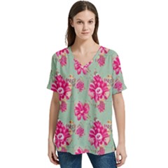 Retro 1880s Flowers Pattern 11 V-neck Split Shoulder Casual T-shirt by violetheavensky