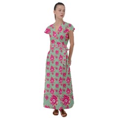 Retro 1880s Flowers Pattern 11 Flutter Sleeve Maxi Dress