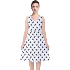 Fly Phot Motif Seamless Black And White Pattern V-neck Midi Sleeveless Dress  by dflcprintsclothing