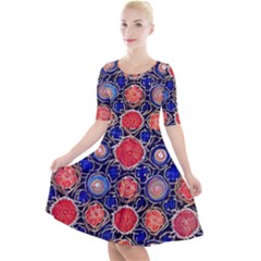 Retro Geometric Shapes And Flowers 3 Quarter Sleeve A-line Dress With Pockets by violetheavensky