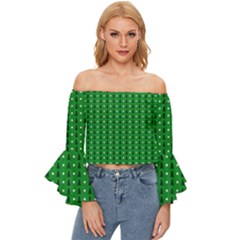 Green Christmas Tree Pattern Background Off Shoulder Flutter Bell Sleeve Top by Paksenen