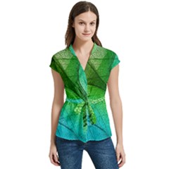 3d Leaves Texture Sheet Blue Green Women s Cap Sleeve Mandarin Collar Waist Tie Blouse by Cemarart