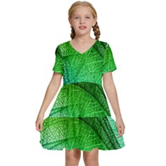 3d Leaves Texture Sheet Blue Green Kids  Short Sleeve Tiered Mini Dress by Cemarart