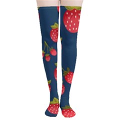 Strawberry Texture, Blue Background With Strawberries Thigh High Stockings