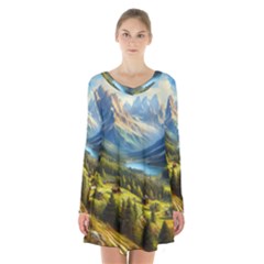 Forest Landscape Nature Trees Long Sleeve Velvet V-neck Dress by Salmanaz77