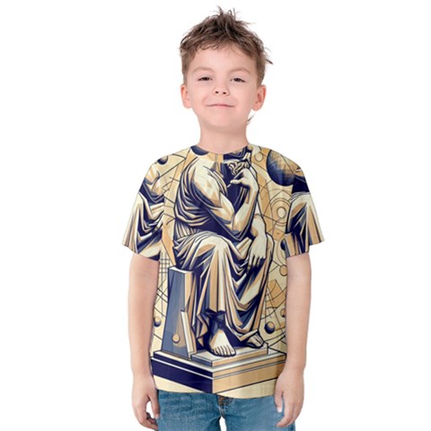 Thinker Sculpture Design Geometric Kids  Cotton T-shirt by Salmanaz77