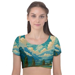 Mountains Rural Countryside Sky Velvet Short Sleeve Crop Top  by Salmanaz77