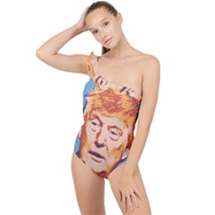 Orange Donald Trump Frilly One Shoulder Swimsuit by vintagetrump