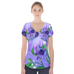 Purple Flower Nature Short Sleeve Front Detail Top by Posterlux