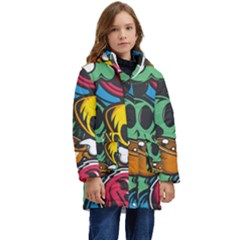 Funky Alien Pattern Abstract Colourful Drawing Kids  Hooded Longline Puffer Jacket by Posterlux