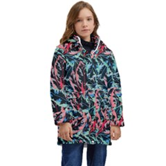 Leaves Pattern Patterns Colorful Kids  Hooded Longline Puffer Jacket by Posterlux