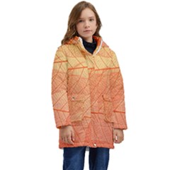 Abstract Texture Of Colorful Bright Pattern Of Transparent Leaves Of Orange And Yellow Color Kids  Hooded Longline Puffer Jacket by Posterlux